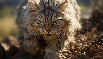 linda felino mamífero, piel a rayas, Doméstico gato, mirando a cámara generado por ai foto