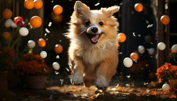 Cute puppy playing with toy, joyful celebration of friendship generated by AI photo