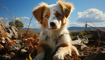 linda perrito sentado en césped, mirando a cámara, disfrutando naturaleza generado por ai foto