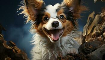 Cute puppy sitting, looking at camera, playful, fluffy, smiling generated by AI photo