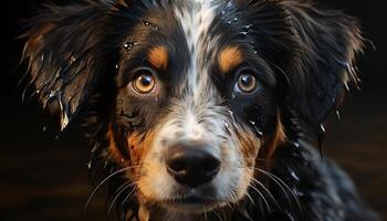 Cute puppy sitting, looking at camera, wet nose, fluffy fur generated by AI photo