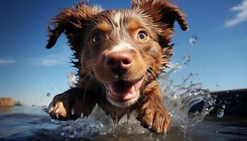 Wet dog playing in water, cute puppy having fun swimming generated by AI photo