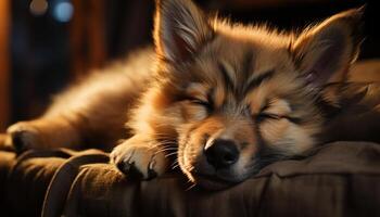 Cute puppy sleeping, fluffy and comfortable, nature tranquil scene generated by AI photo