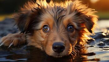 A cute puppy sitting by the water, looking at the camera generated by AI photo