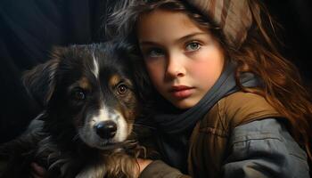 A cute puppy and a smiling girl, a perfect friendship generated by AI photo