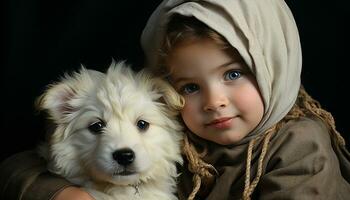 un linda pequeño perro, un retrato de un sonriente niño generado por ai foto
