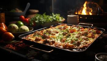 Freshness and heat create a rustic, grilled gourmet meal indoors generated by AI photo
