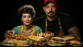 Two women looking at camera, smiling, eating grilled meat sandwich generated by AI photo