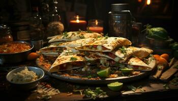frescura y especia en un de madera mesa, mexicano cultura gastrónomo deleite generado por ai foto