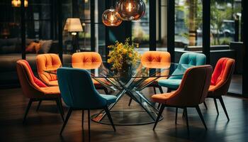 A comfortable chair and table in a modern coffee shop generated by AI photo