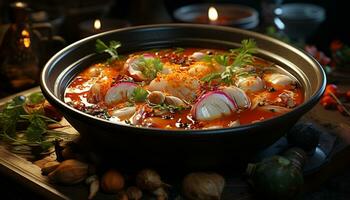 un gastrónomo comida de Fresco Mariscos y vegetal sopa generado por ai foto