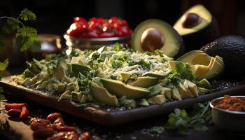 Freshness and nature on a dark wood table, healthy eating generated by AI photo