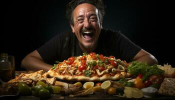 un alegre hombre disfruta un gastrónomo Pizza comida adentro generado por ai foto