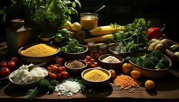 Freshness and variety on a rustic wooden table, healthy vegetarian meal generated by AI photo