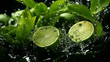 Freshness of nature  fruit drop, leaf wet with drinkable water generated by AI photo