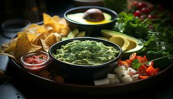 A fresh gourmet meal, guacamole dip on a wooden plate generated by AI photo