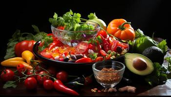 frescura y variedad en un de madera mesa tomate, verdura, ensalada, palta, pimienta, cebolla, hoja, pepino, perejil, Zanahoria generado por ai foto