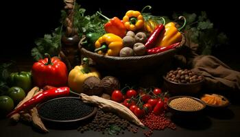 Freshness and variety of organic vegetables on a wooden table generated by AI photo