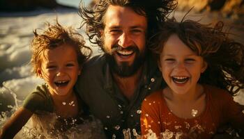 Smiling family, cheerful child, playful father, joyful mother, bonding love generated by AI photo