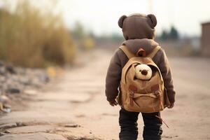 A shot of Rear view of a little boy with a big teddy bear Generative AI photo