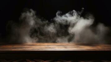 A picture of Wooden table in front of a dark background with smoke and fog Generative AI photo