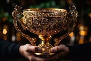 Man hand holding golden trophy cup on blurred background closeup Generative AI photo