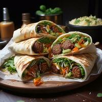 Tortilla wrap with falafel and vegetables on dark background Generative AI photo