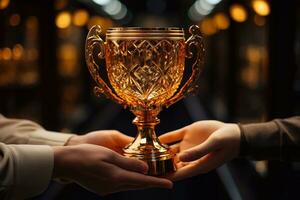Close up of two female hands holding golden trophy cup on dark background Generative AI photo