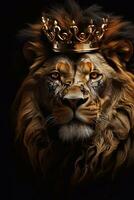 Aggressive Lion king with golden crown on black background. Fantasy illustration. Generative AI photo