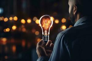 Close up of businessman holding glowing light bulb. Idea and innovation concept Generative AI photo