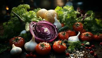 Freshness of nature bounty  healthy, organic vegetables on wooden table generated by AI photo