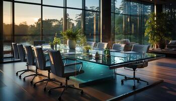 Modern office with glass windows, empty board room, successful business generated by AI photo