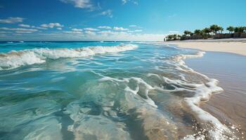 tranquilo escena, turquesa aguas, arenoso playa, verano vacaciones en paraíso generado por ai foto