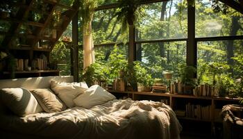 Comfortable modern bedroom with sunlight, green plants, and elegant decor generated by AI photo