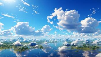 Tranquil scene, grass, meadow, sky, sunset, mountain, water, reflection generated by AI photo