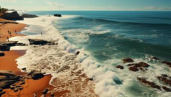 Tranquil scene  sunset over water, breaking wave, splashing on sand generated by AI photo