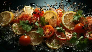 frescura de tomate, limón rebanada, gastrónomo Mariscos ensalada, orgánico A la parrilla pescado generado por ai foto