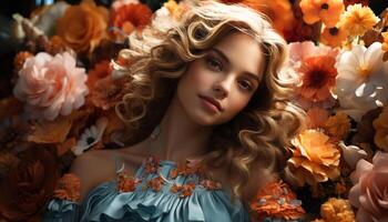 A beautiful Caucasian woman with blond hair and a flower generated by AI photo