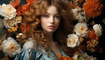 A beautiful Caucasian woman with curly hair and a flower generated by AI photo