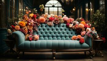 Flower decoration on sofa, indoors, domestic room, vase, decor generated by AI photo