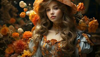 sonriente mujer, otoño hoja, Moda modelo, largo cabello, marrón pelo generado por ai foto
