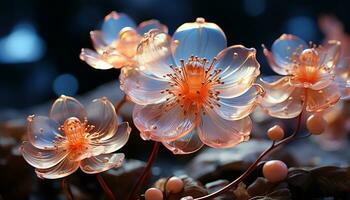 A vibrant underwater bouquet of glowing pink flowers illuminates nature generated by AI photo