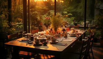 Wooden dining table indoors, decorated with elegant candle and plants generated by AI photo