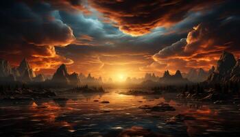 Sunset sky reflects on water, creating a tranquil, breathtaking landscape generated by AI photo