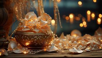 Luxury table decor  gold candle, shiny jewelry, illuminated winter souvenir generated by AI photo