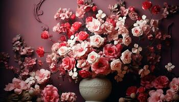 Flower decoration, nature vase, plant bouquet, petal leaf romance generated by AI photo