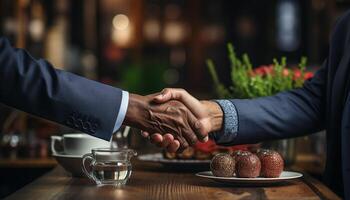 Successful businessmen shaking hands, sealing a fresh business agreement generated by AI photo