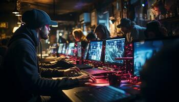 hombres trabajando a noche, utilizando computadora tecnología, programación con pericia generado por ai foto