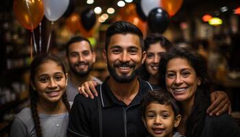 Smiling adults looking at camera, indoors, enjoying togetherness and fun generated by AI photo