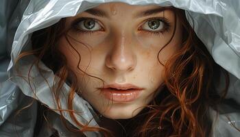 Wet haired woman, beauty in rain, looking at camera, elegance personified generated by AI photo